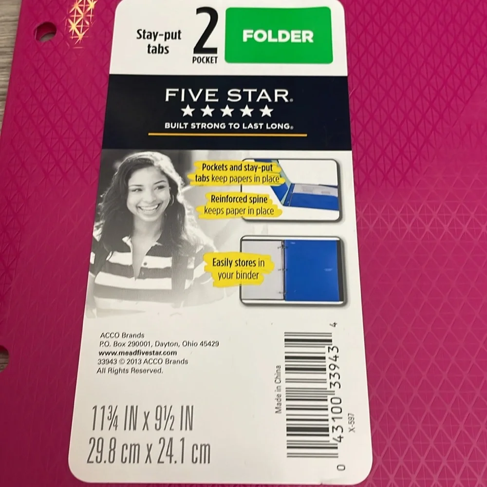 Five Star Pink 2 Pocket Folder with Stay Put Tabs **Free added to any bundle**